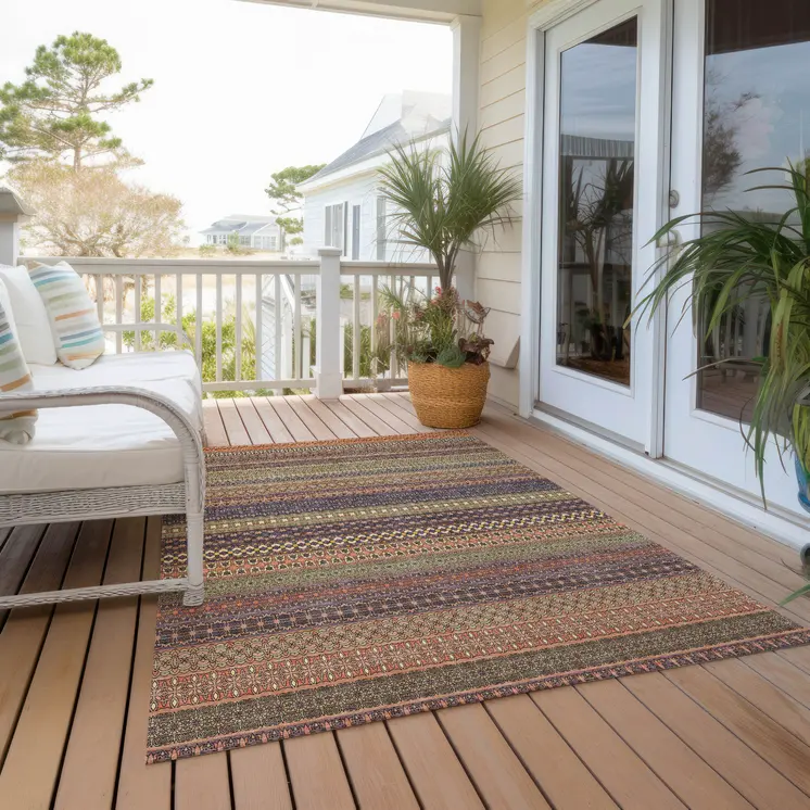 8' X 10' Orange Striped Washable Non Skid Indoor Outdoor Area Rug