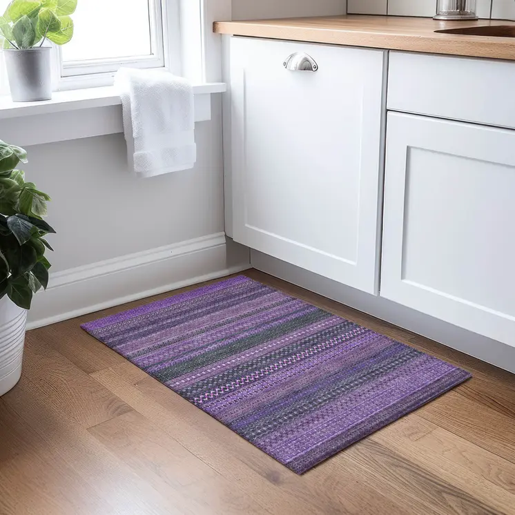 2' X 3' Purple Striped Washable Non Skid Indoor Outdoor Area Rug
