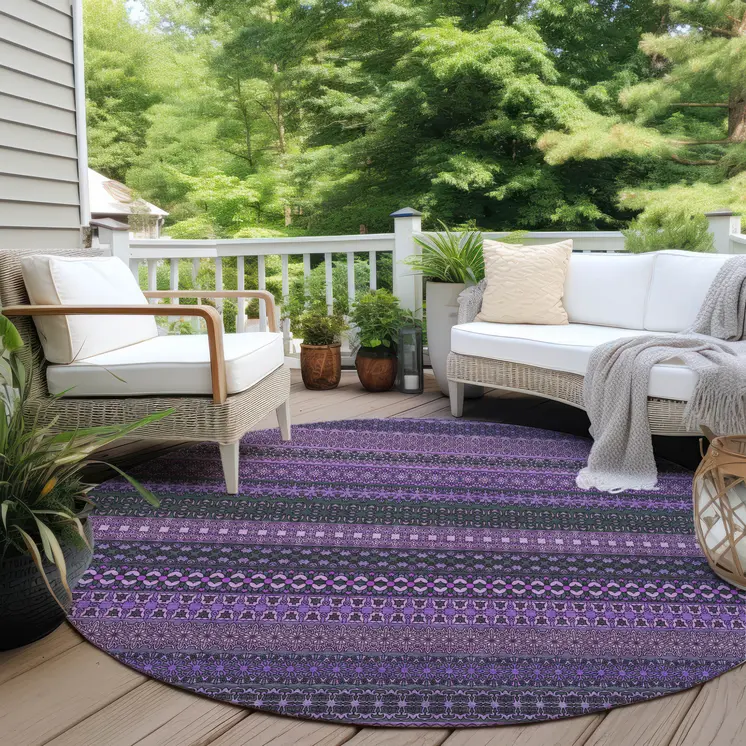 8' Round Purple Round Striped Washable Non Skid Indoor Outdoor Area Rug