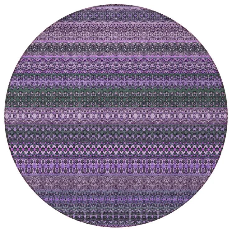 8' Round Purple Round Striped Washable Non Skid Indoor Outdoor Area Rug