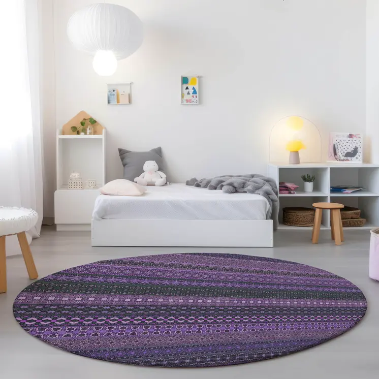 8' Round Purple Round Striped Washable Non Skid Indoor Outdoor Area Rug