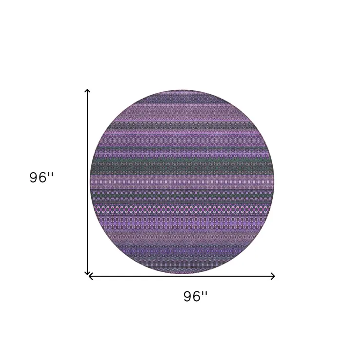 8' Round Purple Round Striped Washable Non Skid Indoor Outdoor Area Rug