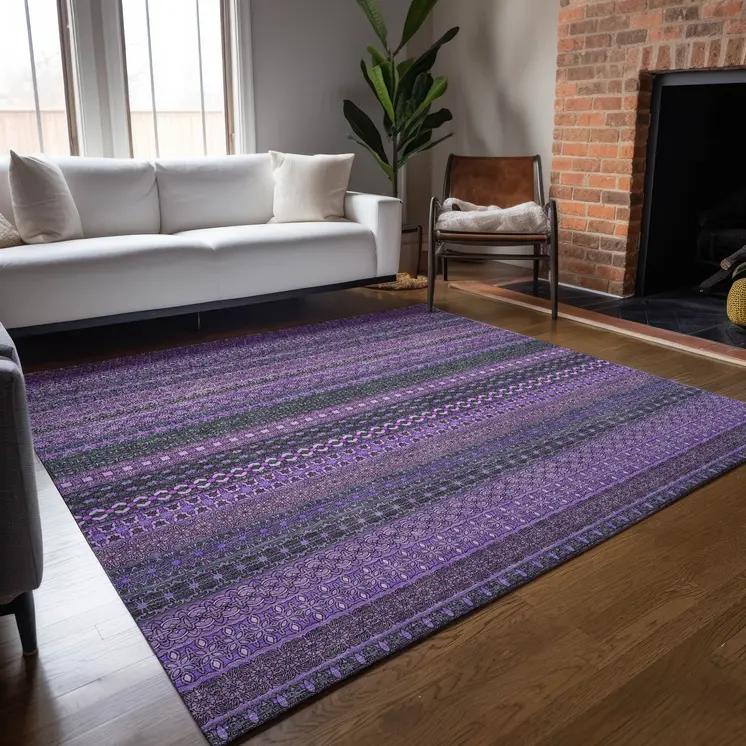 8' X 10' Purple Striped Washable Non Skid Indoor Outdoor Area Rug