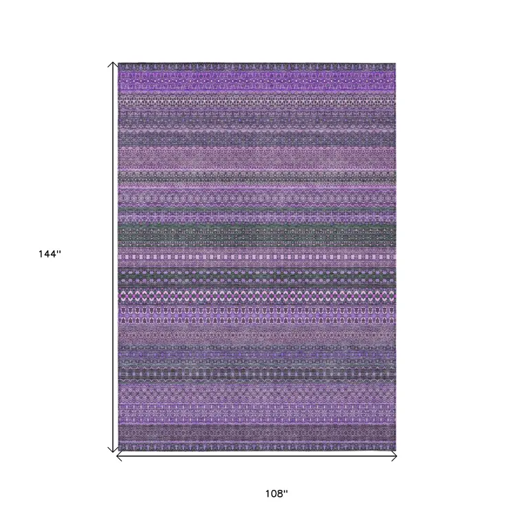 9' X 12' Purple Striped Washable Non Skid Indoor Outdoor Area Rug