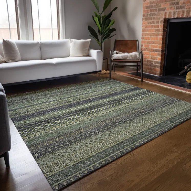 3' X 5' Sage Striped Washable Non Skid Indoor Outdoor Area Rug
