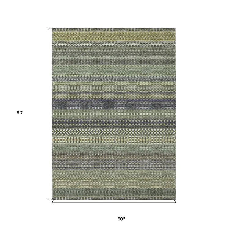 5' X 8' Sage Striped Washable Non Skid Indoor Outdoor Area Rug