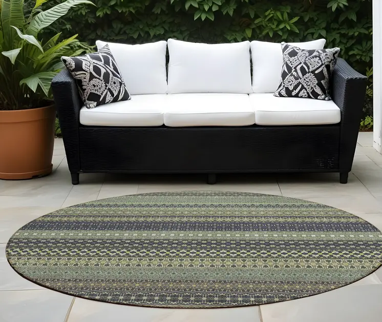 8' Round Sage Round Striped Washable Non Skid Indoor Outdoor Area Rug