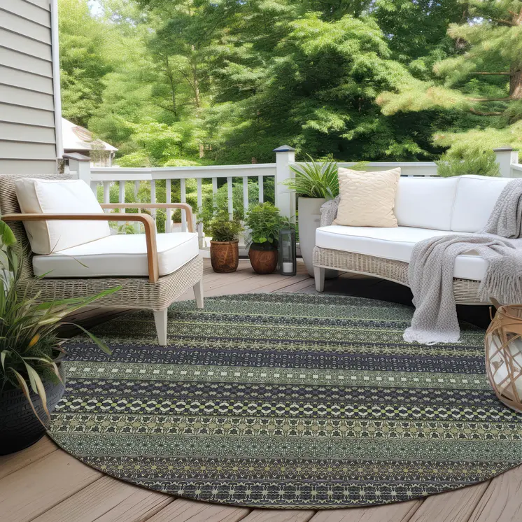 8' Round Sage Round Striped Washable Non Skid Indoor Outdoor Area Rug