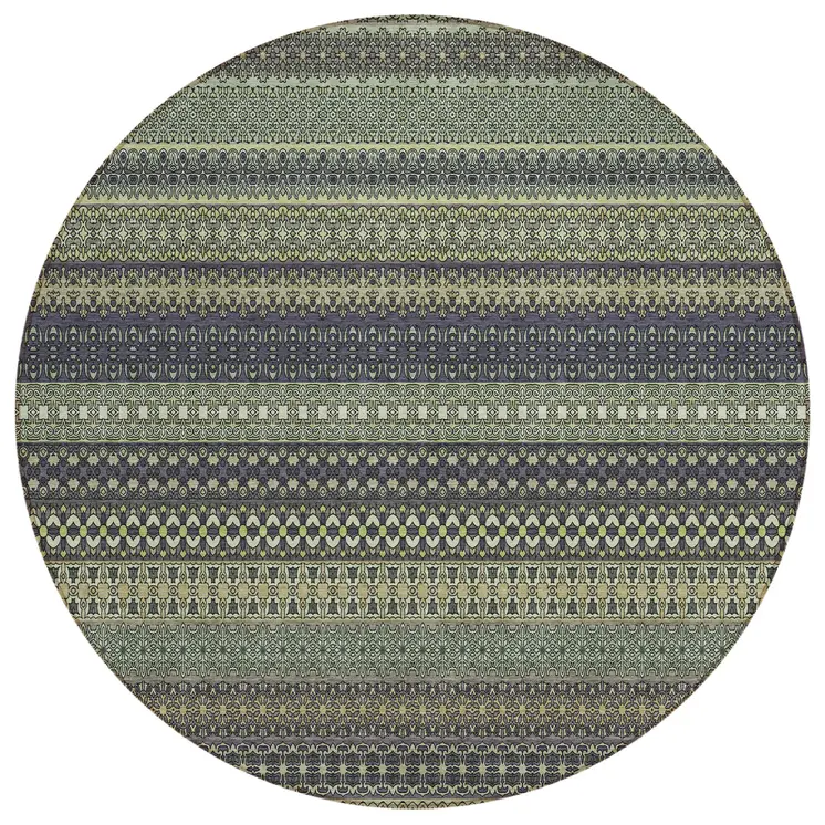 8' Round Sage Round Striped Washable Non Skid Indoor Outdoor Area Rug