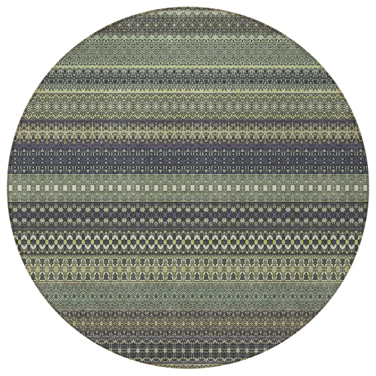8' Round Sage Round Striped Washable Non Skid Indoor Outdoor Area Rug