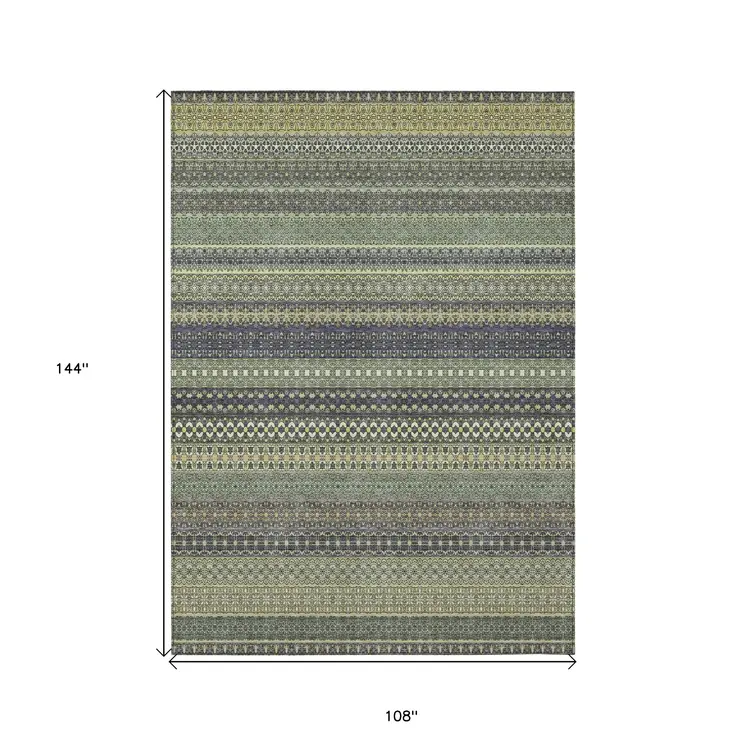 9' X 12' Sage Striped Washable Non Skid Indoor Outdoor Area Rug