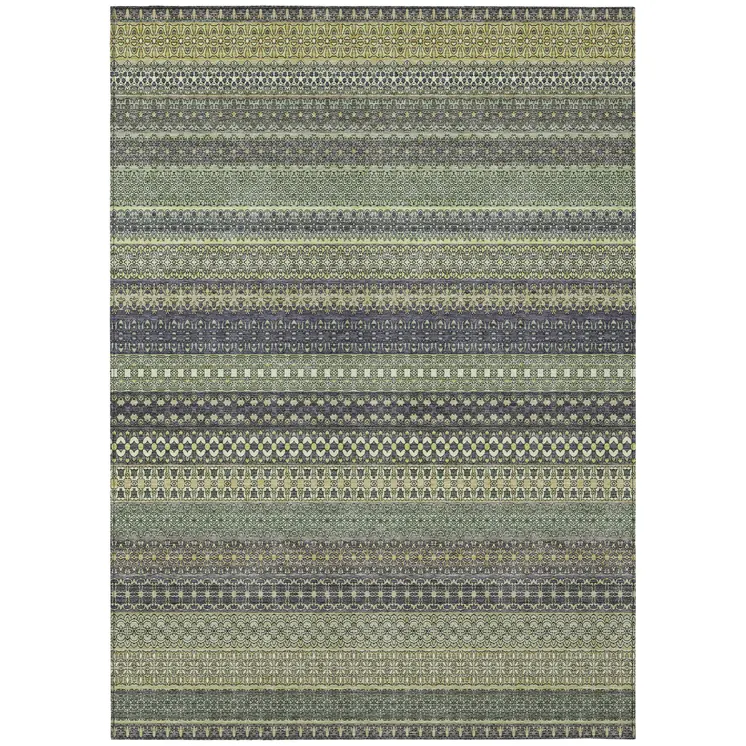 9' X 12' Sage Striped Washable Non Skid Indoor Outdoor Area Rug