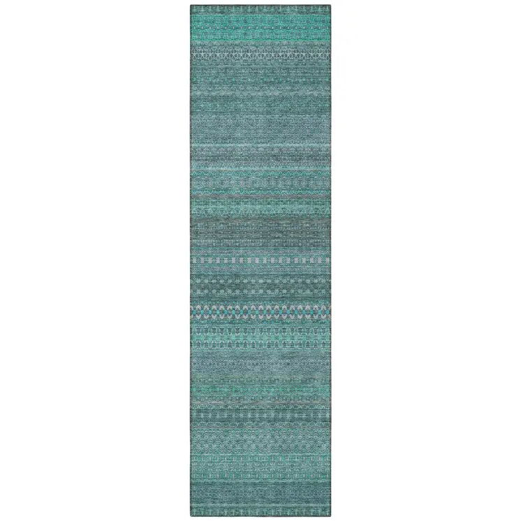 2' X 8' Turquoise Striped Washable Indoor Outdoor Runner Rug