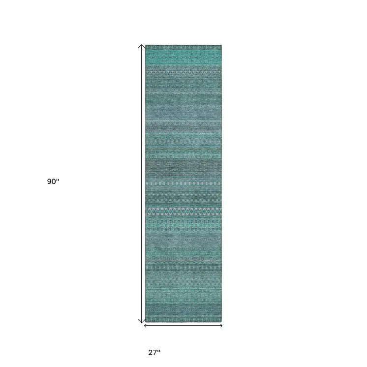 2' X 8' Turquoise Striped Washable Indoor Outdoor Runner Rug