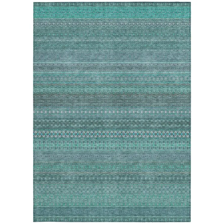 5' X 8' Turquoise Striped Washable Non Skid Indoor Outdoor Area Rug