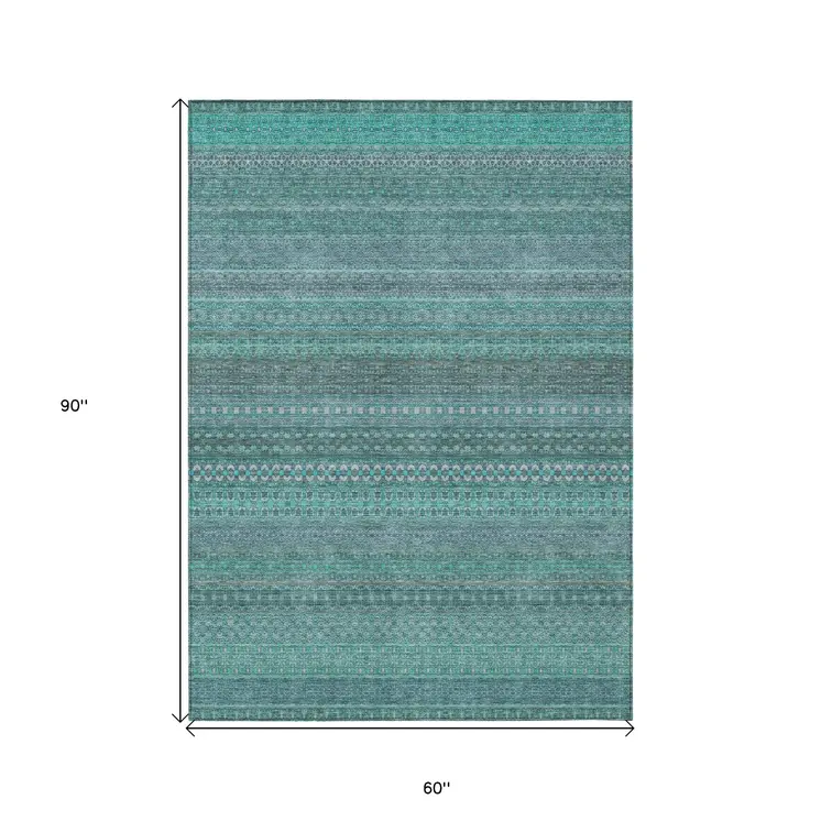 5' X 8' Turquoise Striped Washable Non Skid Indoor Outdoor Area Rug