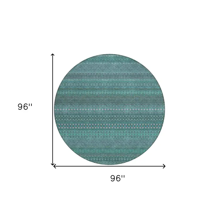 8' Round Turquoise Round Striped Washable Non Skid Indoor Outdoor Area Rug