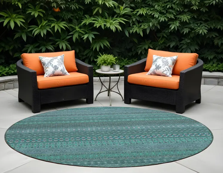 8' Round Turquoise Round Striped Washable Non Skid Indoor Outdoor Area Rug