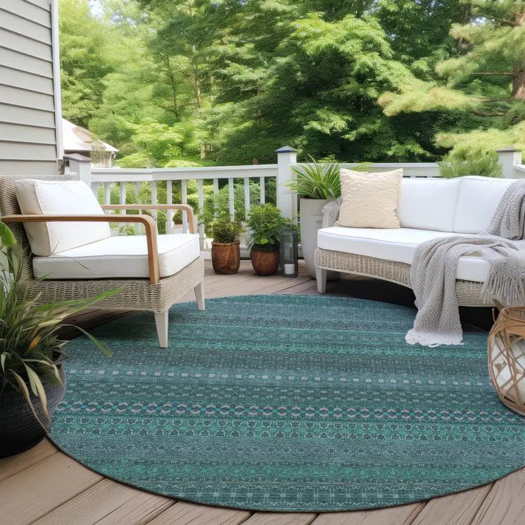 8' Round Turquoise Round Striped Washable Non Skid Indoor Outdoor Area Rug