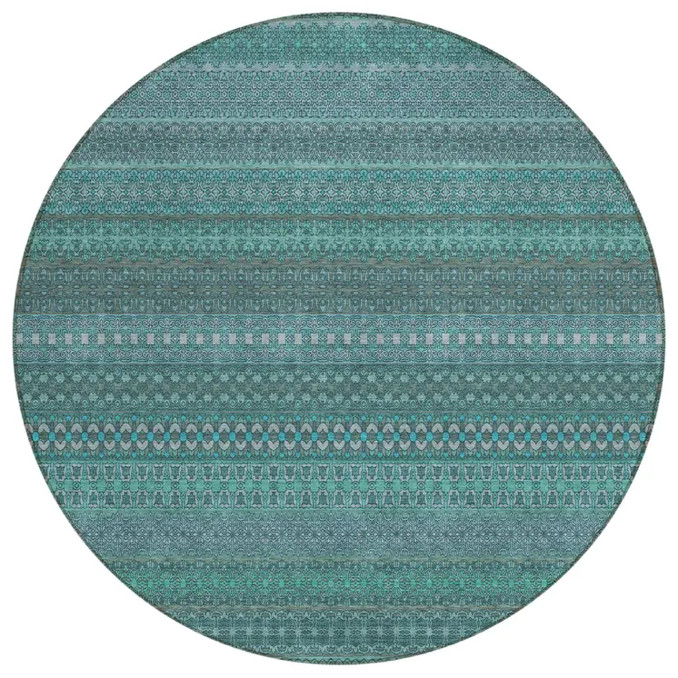 8' Round Turquoise Round Striped Washable Non Skid Indoor Outdoor Area Rug