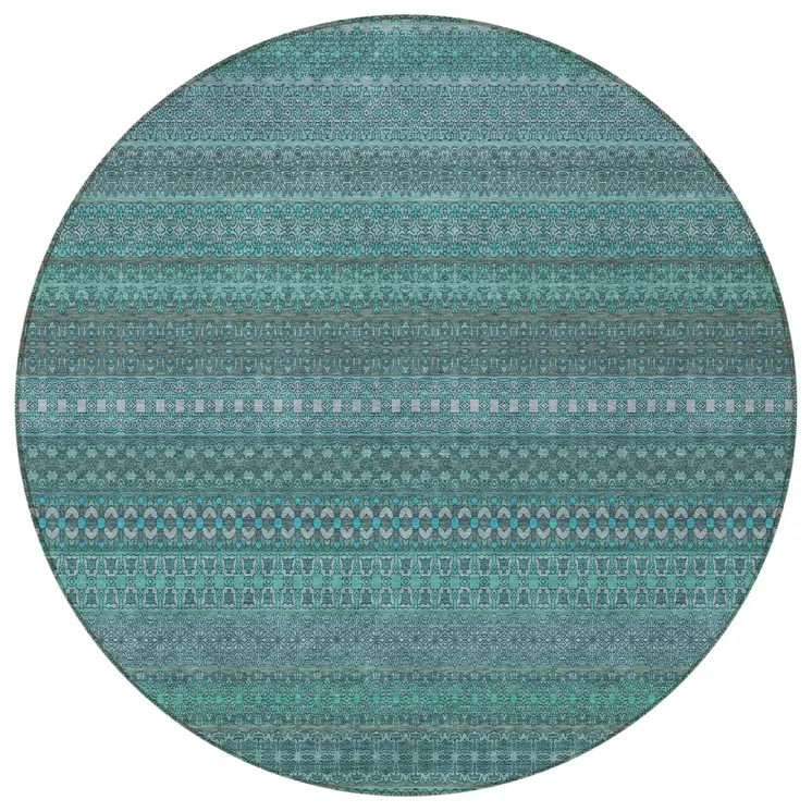 8' Round Turquoise Round Striped Washable Non Skid Indoor Outdoor Area Rug