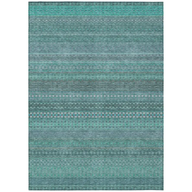 8' X 10' Turquoise Striped Washable Non Skid Indoor Outdoor Area Rug
