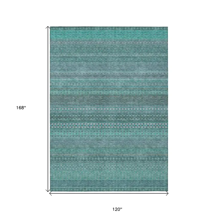 10' X 14' Turquoise Striped Washable Non Skid Indoor Outdoor Area Rug