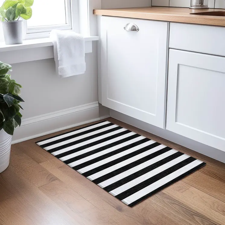 2' X 3' Black and White Striped Washable Indoor Outdoor Area Rug