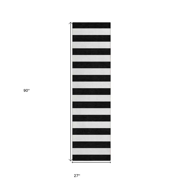 8' Runner Black and White Striped Washable Non Skid Indoor Outdoor Runner Rug