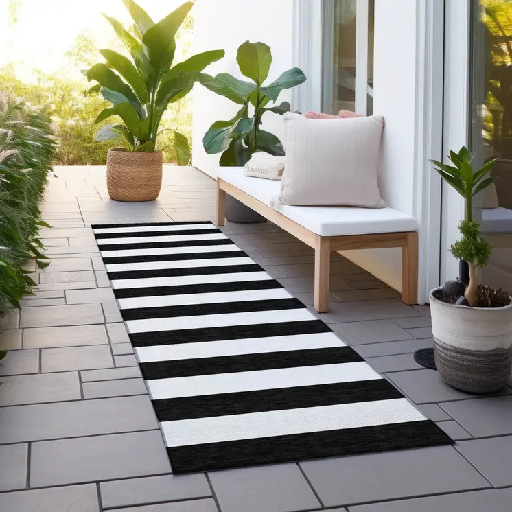 8' Runner Black and White Striped Washable Non Skid Indoor Outdoor Runner Rug