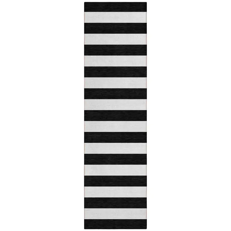 8' Runner Black and White Striped Washable Non Skid Indoor Outdoor Runner Rug