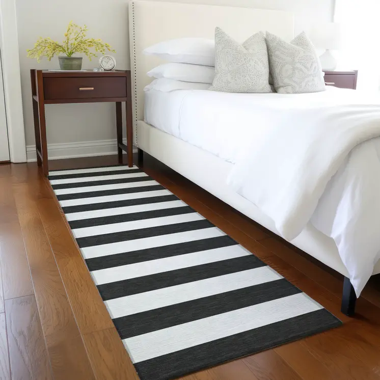 8' Runner Black and White Striped Washable Non Skid Indoor Outdoor Runner Rug