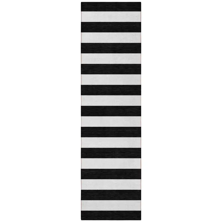 8' Runner Black and White Striped Washable Non Skid Indoor Outdoor Runner Rug