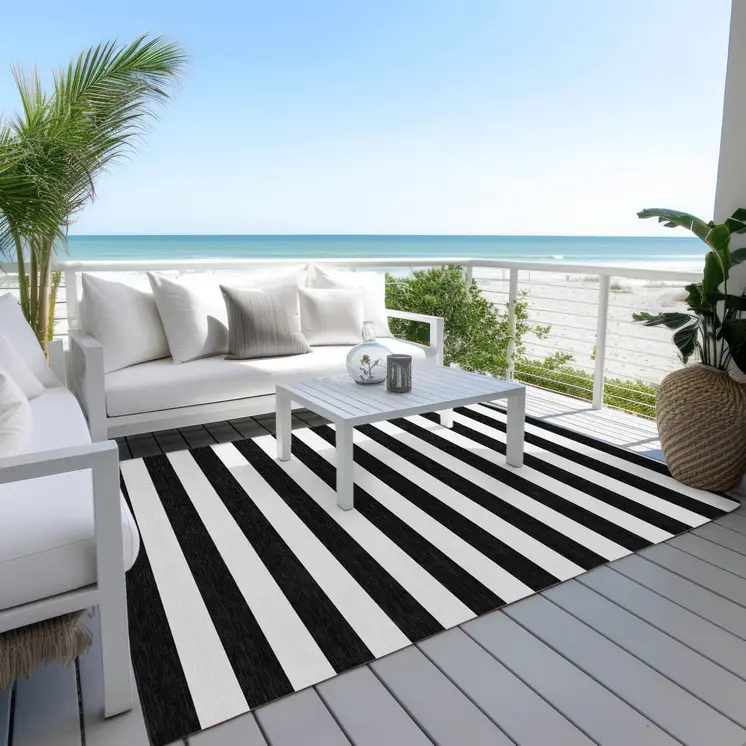 3' X 5' Black and White Striped Washable Non Skid Indoor Outdoor Area Rug