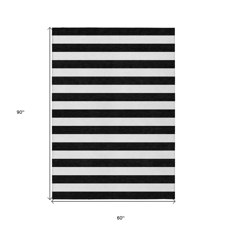 5' X 8' Black and White Striped Washable Non Skid Indoor Outdoor Area Rug