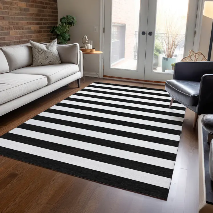 5' X 8' Black and White Striped Washable Non Skid Indoor Outdoor Area Rug