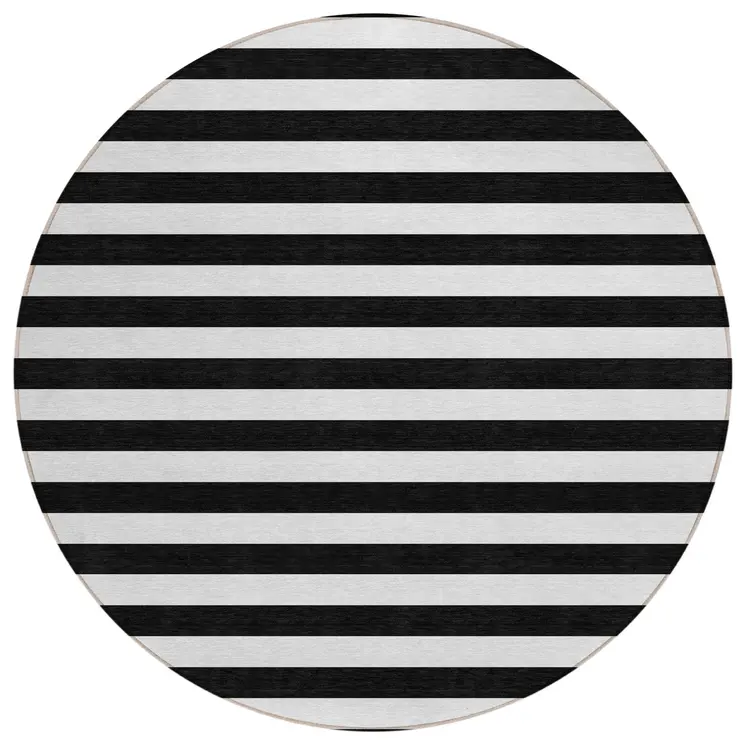 8' Round Black and White Round Striped Washable Non Skid Indoor Outdoor Area Rug