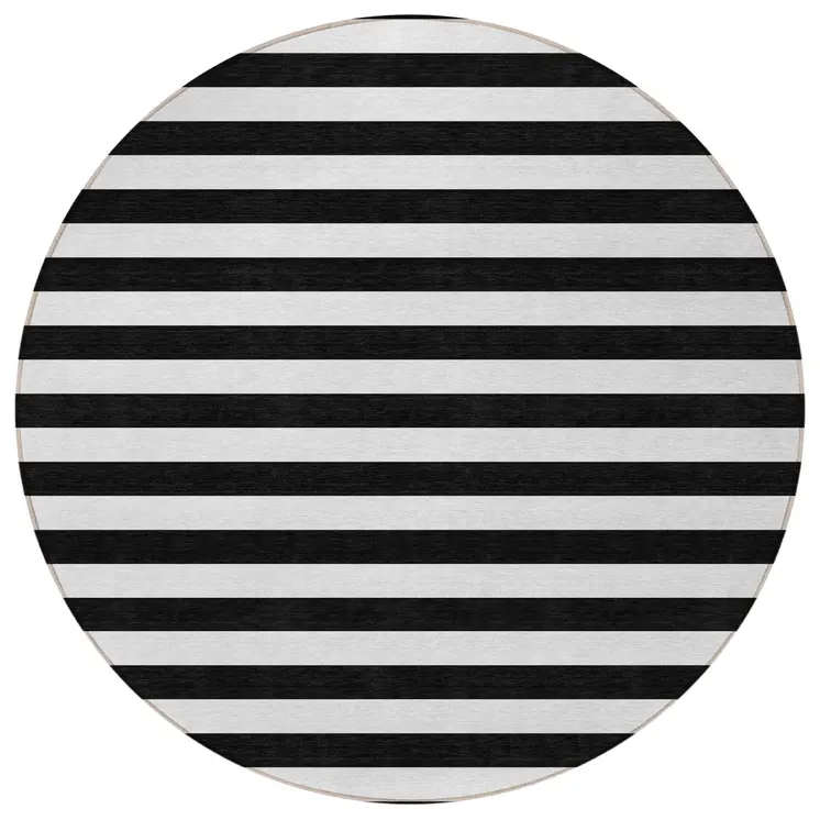 8' Round Black and White Round Striped Washable Non Skid Indoor Outdoor Area Rug