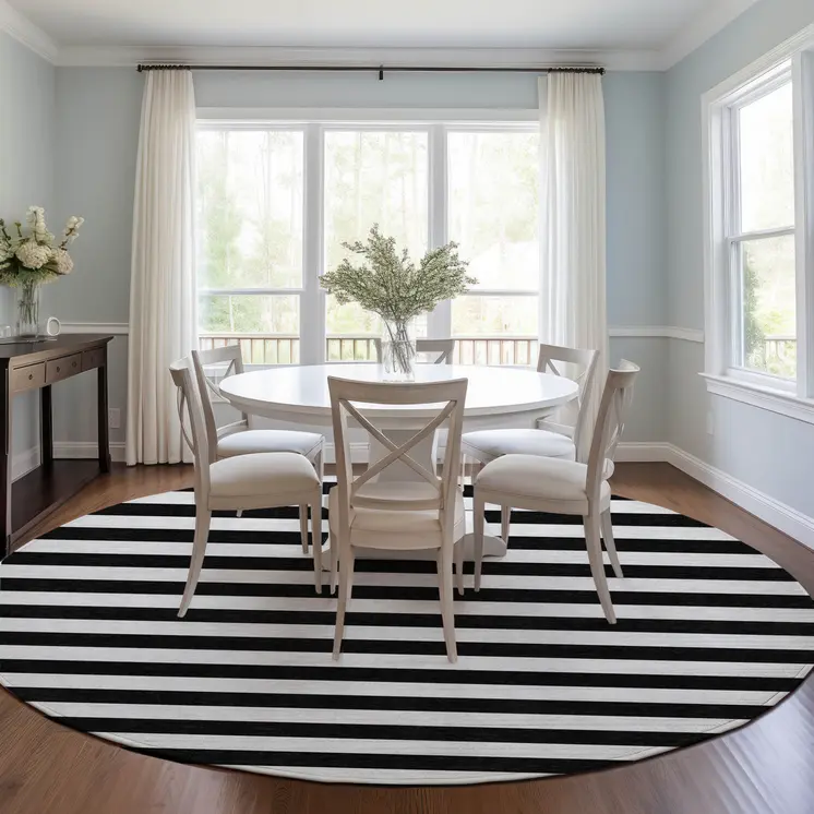 8' Round Black and White Round Striped Washable Non Skid Indoor Outdoor Area Rug