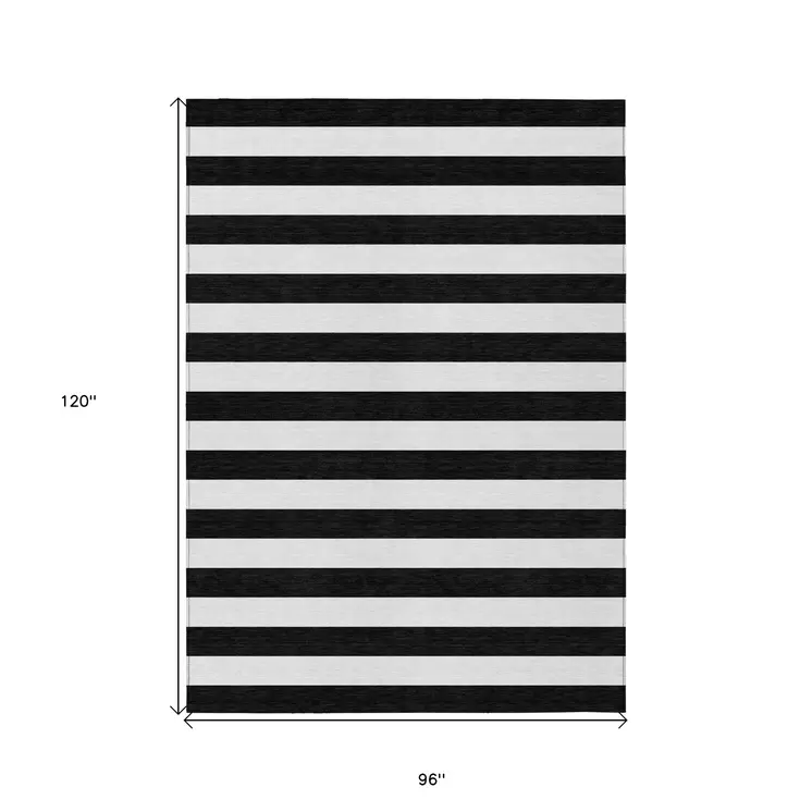 8' X 10' Black and White Striped Washable Non Skid Indoor Outdoor Area Rug