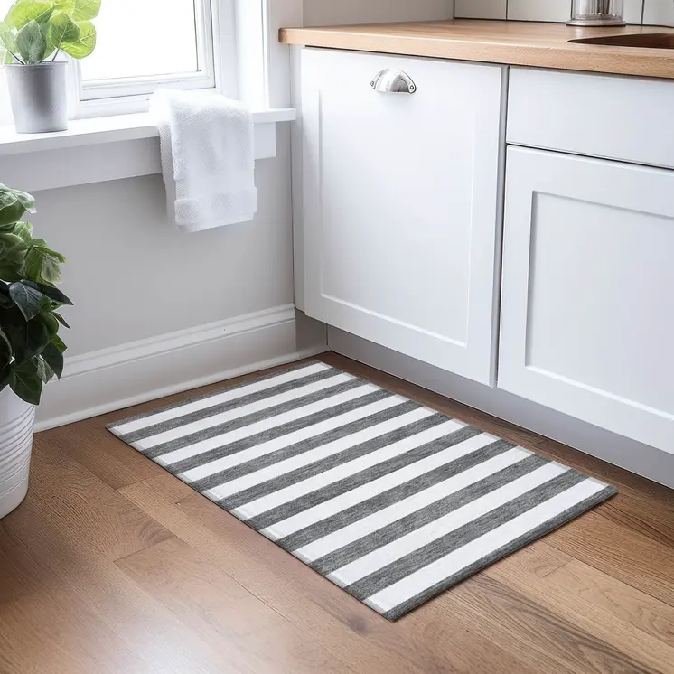 2' X 3' Charcoal Striped Washable Non Skid Indoor Outdoor Area Rug