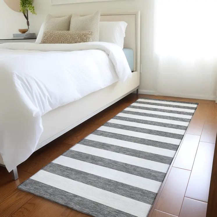 8' Runner Charcoal Striped Washable Non Skid Indoor Outdoor Runner Rug