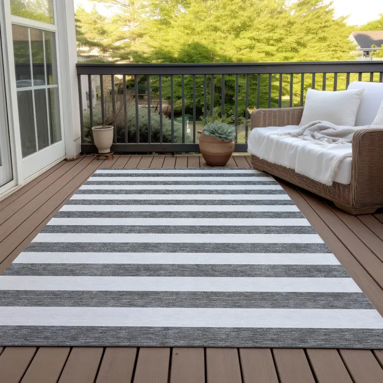 5' X 8' Charcoal Striped Washable Non Skid Indoor Outdoor Area Rug