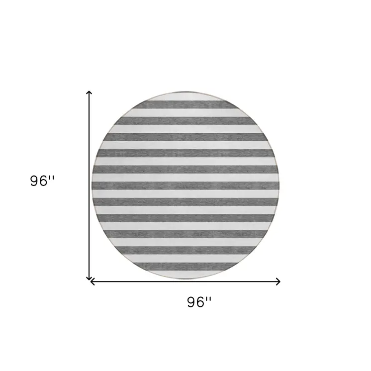 8' Round Charcoal Round Striped Washable Non Skid Indoor Outdoor Area Rug