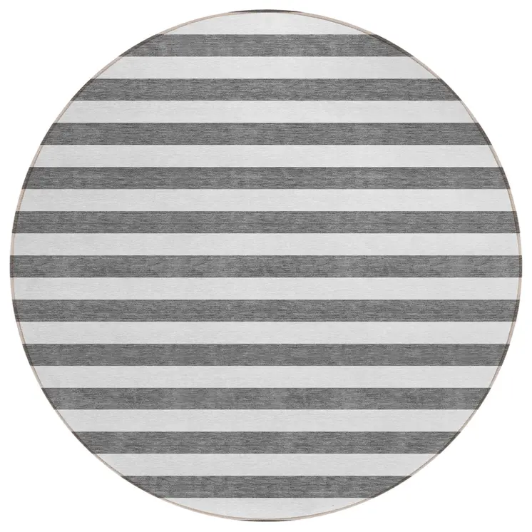 8' Round Charcoal Round Striped Washable Non Skid Indoor Outdoor Area Rug