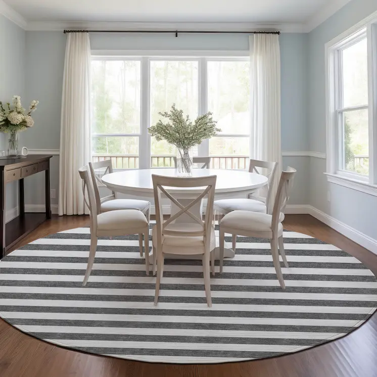 8' Round Charcoal Round Striped Washable Non Skid Indoor Outdoor Area Rug