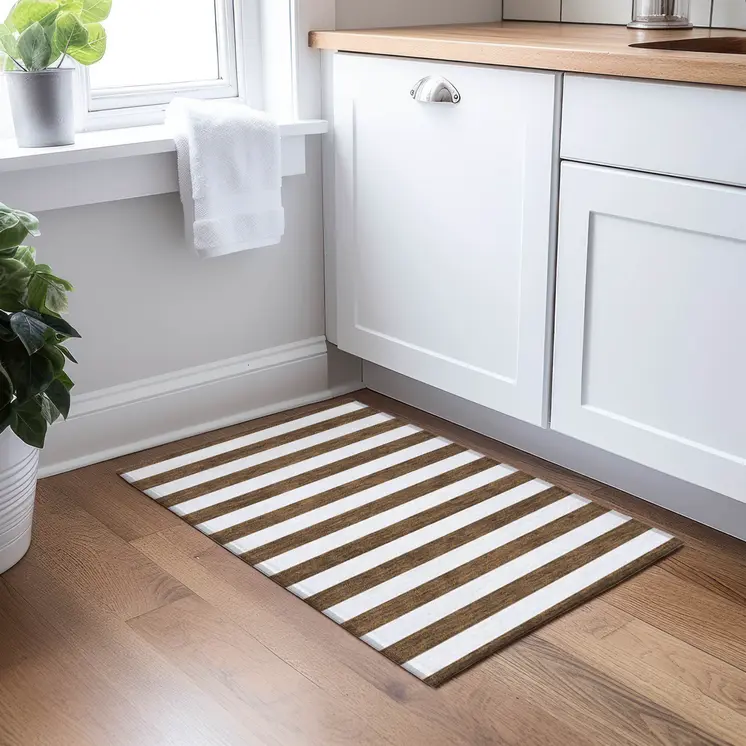 2' X 3' Chocolate Striped Washable Non Skid Indoor Outdoor Area Rug
