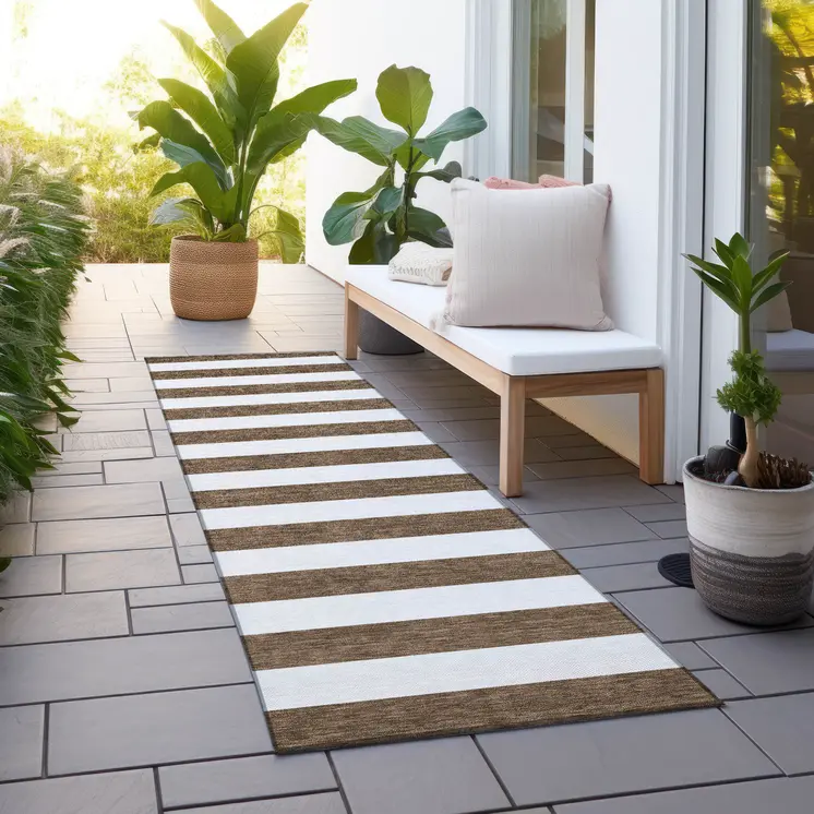 8' Runner Chocolate Striped Washable Non Skid Indoor Outdoor Runner Rug