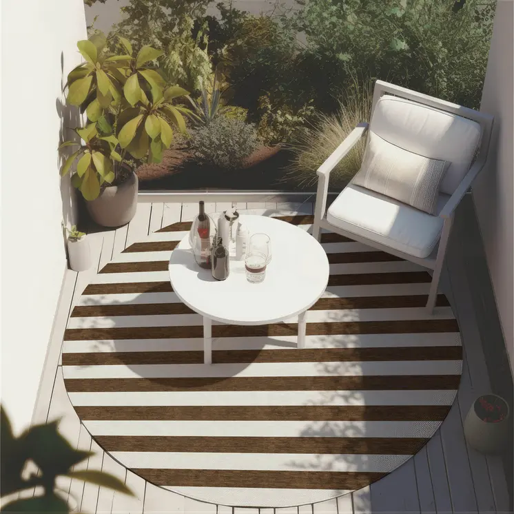 8' Round Chocolate Round Striped Washable Non Skid Indoor Outdoor Area Rug