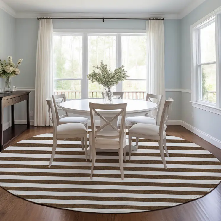 8' Round Chocolate Round Striped Washable Non Skid Indoor Outdoor Area Rug